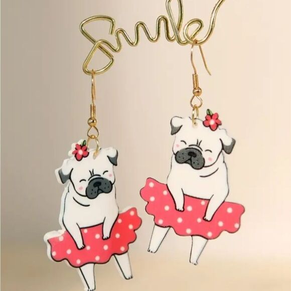 14k Pug Dog in tu tu summer whimsical novelty fun dangle earrings - Picture 1 of 6